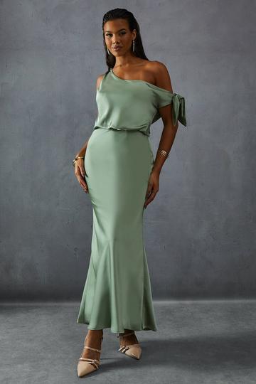 Sage Green Premium Satin Off Shoulder Fishtail Bridesmaid Dress