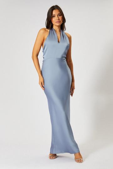 Premium Satin Halterneck Cowl Back Bridesmaid Dress slate blue