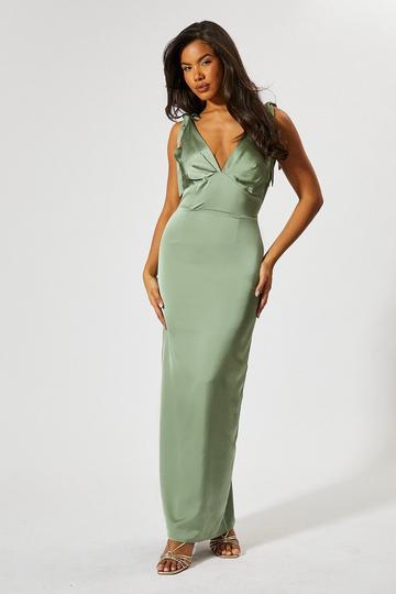 Sage Green Premium Satin Tie Shoulder Bridesmaid Dress