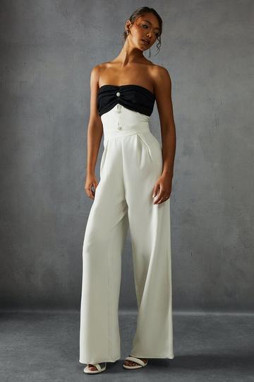 White Contrast Bust Pearl Button Straight Leg Jumpsuit