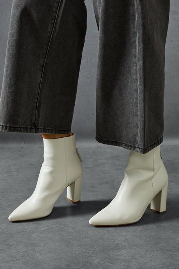 White Leather Look Block Heel Pointed Ankle Boots