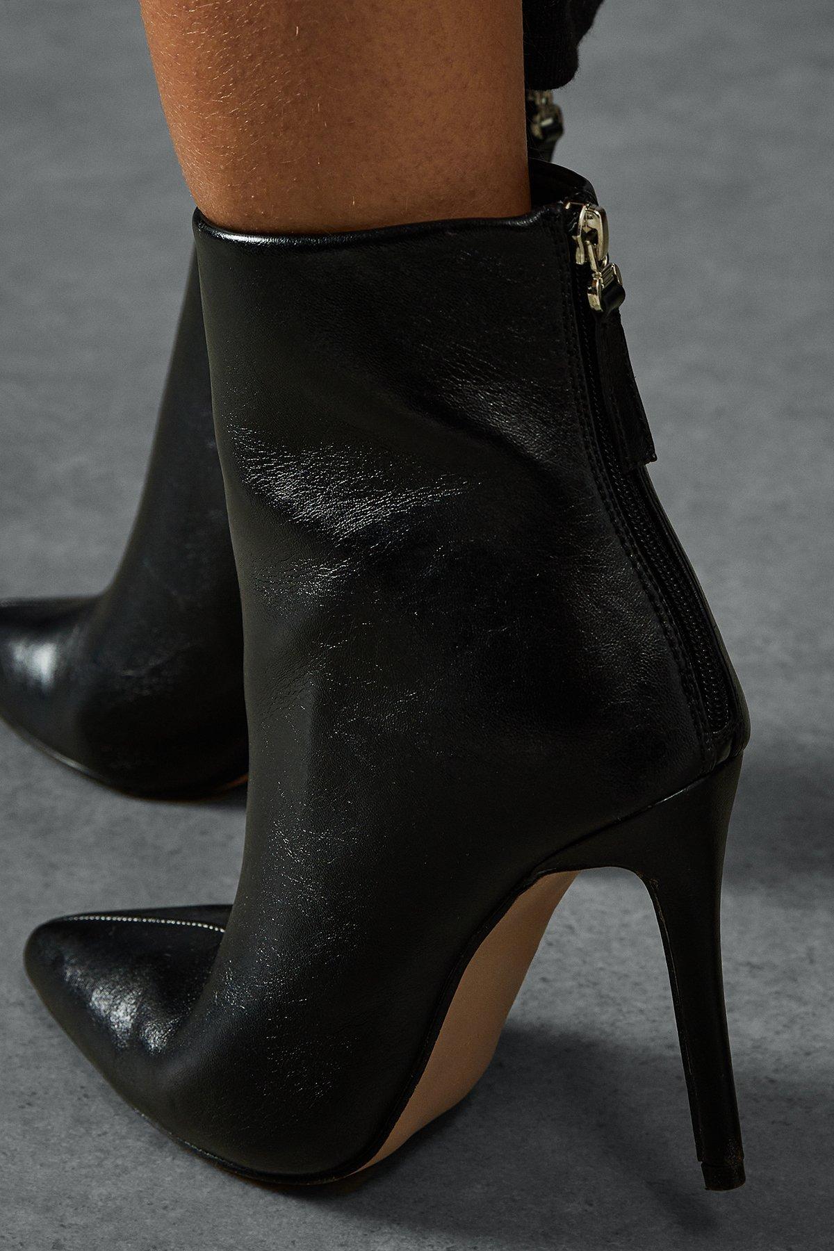 Leather Look Stiletto Pointed Ankle Boots