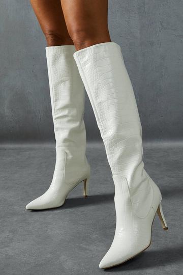 Croc Leather Look Knee High Pointed Boots white