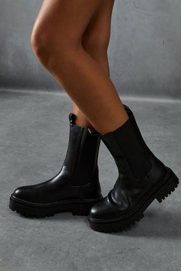 Leather Look Chunky Sole Ankle Boots black