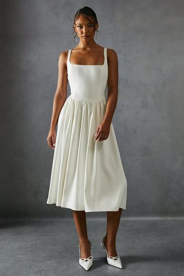 Square Neck A Line Midi Dress white