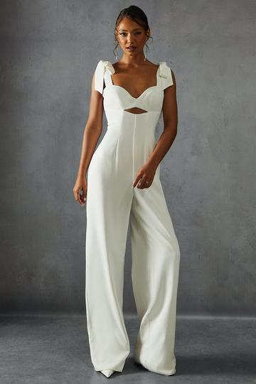 White Bow Shoulder Wide Leg Jumpsuit