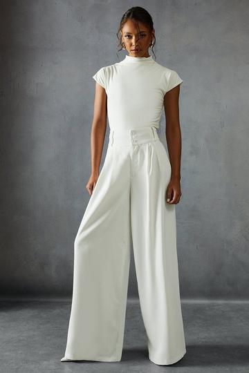 Tailored High Waisted Button Detail Trousers ivory