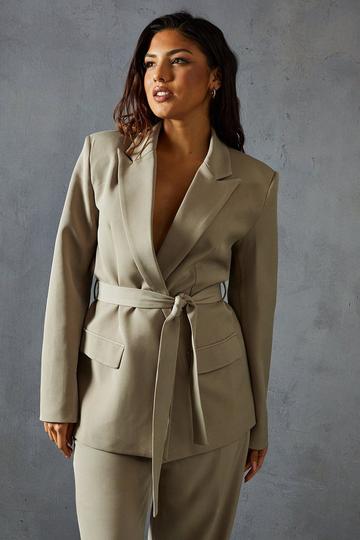 Stone Beige Tailored Tie Belt Blazer