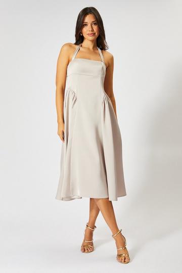 Champagne Beige Satin Halterneck Midi Bridesmaid Dress