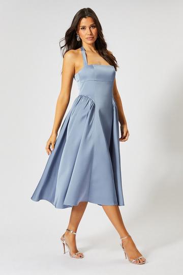 Satin Halterneck Midi Bridesmaid Dress slate blue