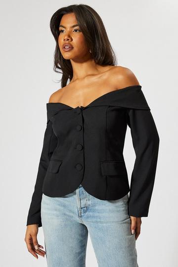 Black Tailored Bardot Button Down Blazer