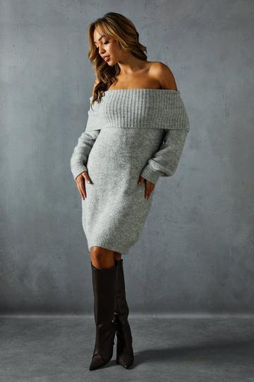 Grey Premium Knit Bardot Foldover Jumper Dress