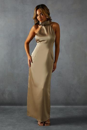 Bronze Metallic Satin Corsage Halterneck Low Back Maxi Dress