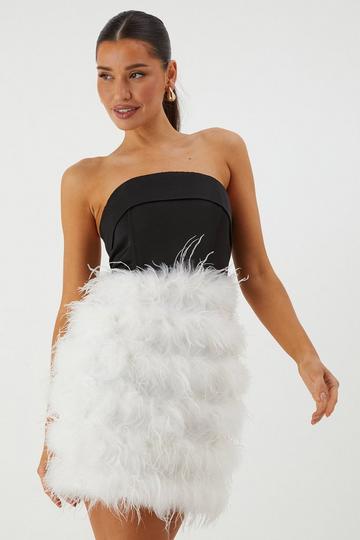 Bandeau Satin Feather Mini Dress black