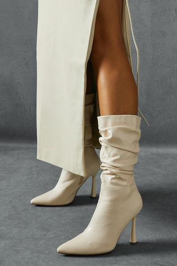 Leather Look Ruched Calf Boots cream