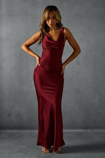 Premium Satin Cowl Neck Fishtail Maxi Dress wine