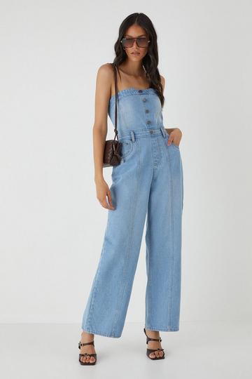 Denim Button Front Bandeau Jumpsuit light wash
