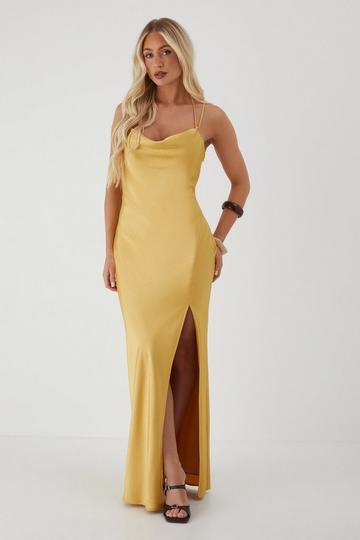 Yellow Satin Cowl Split Leg Maxi Dress