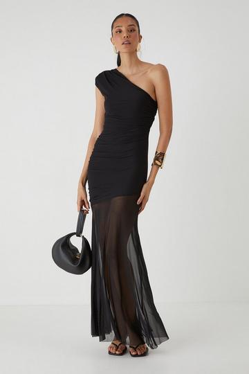 Mesh Ruched One Shoulder Maxi Dress black