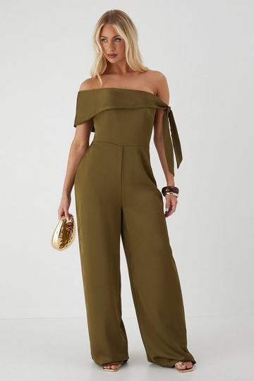 Satin Tie Shoulder Wide Leg Jumpsuit olive