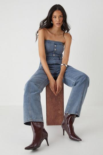 Bandeau Button Up Denim Jumpsuit mid wash