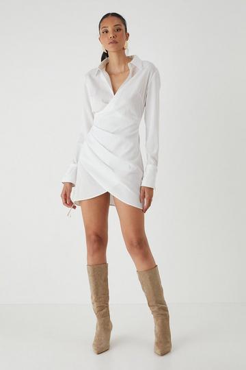 Linen Ruched Waist Shirt Dress white