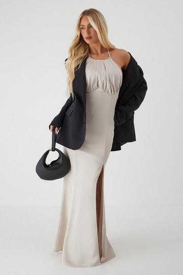 Champagne Beige Halter Neck Split Hem Maxi Dress