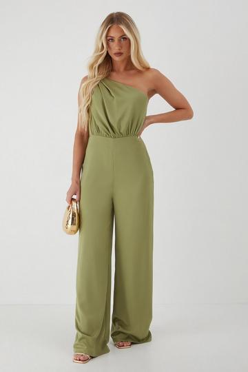 Green Knot Detail Asymmetric Neck Wide Leg Jumpsuit