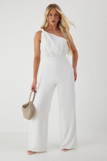 Knot Detail Asymmetric Neck Wide Leg Jumpsuit white