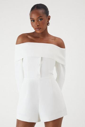 Bardot Fold Over Detail Button Playsuit white