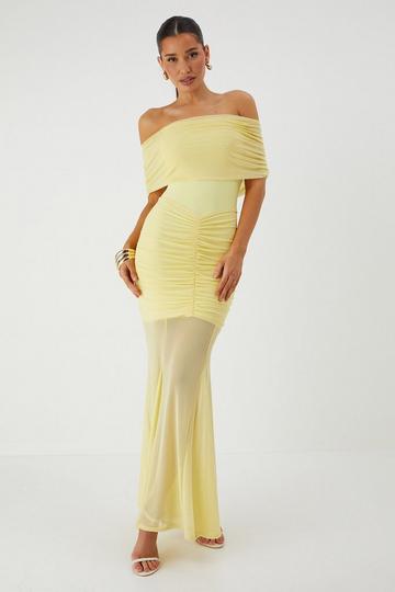 Yellow Off Shoulder Mesh Overlay Maxi Dress