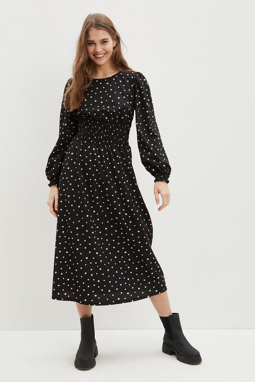 Dresses | Black Spot Textured Shirred Midi Dress | Dorothy Perkins