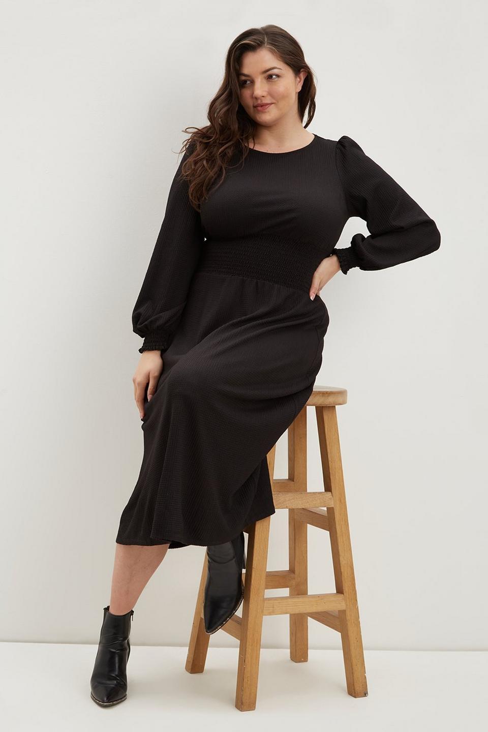 Dresses | Curve Black Shirred Waist Midi Dress | Dorothy Perkins