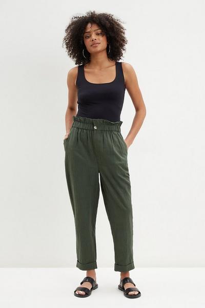 Dorothy Perkins khaki Paperbag Tapered Linen Look Trousers