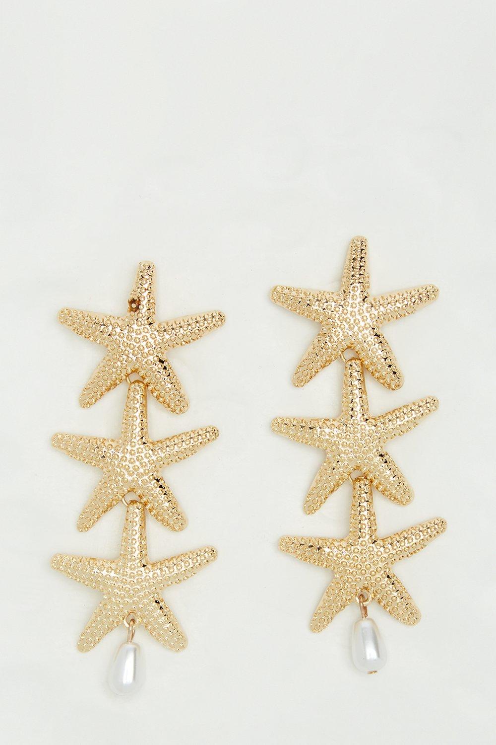 Womens Gold Pearl Starfish Statement Earrings