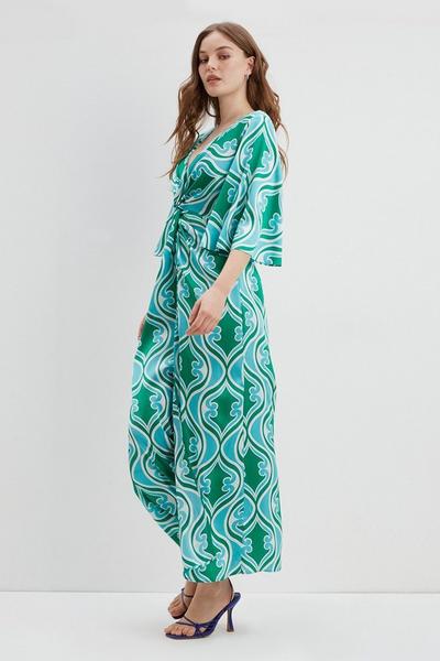 Dorothy Perkins green Geo Satin Twist Detail Flutter Sleeve Midi Dress
