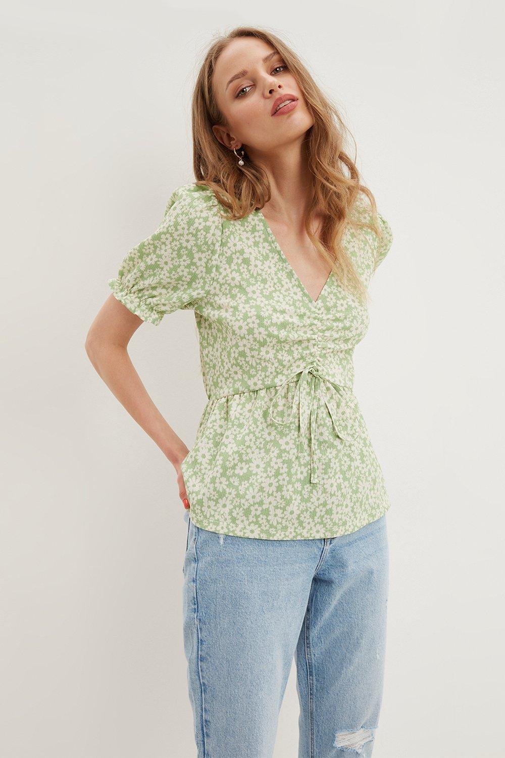 Tops | Sage Floral V Neck Ruched Front Top | Dorothy Perkins