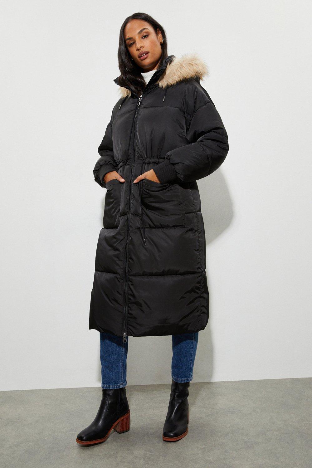Dorothy Perkins Longline Faux Fur Hood Padded Coat | Debenhams