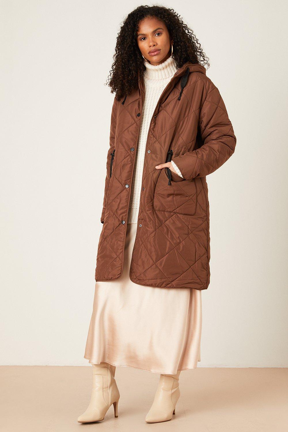 Womens Longline Contrast Drawstring Padded Parka Coat