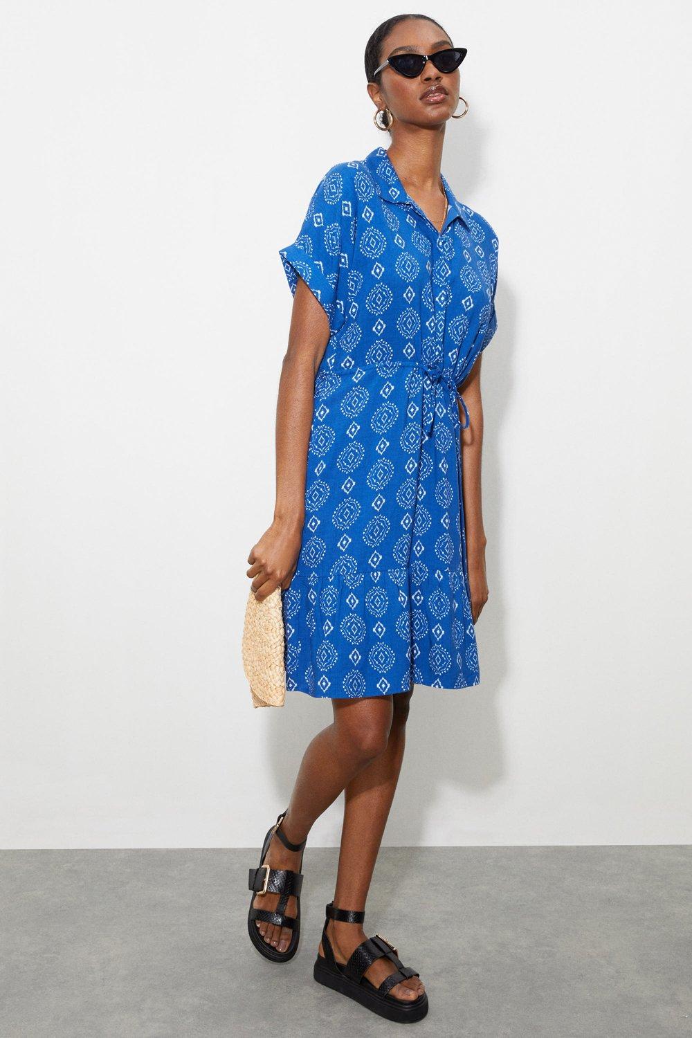 Womens Tall Blue Geo Floral Frill Hem Shirt Dress