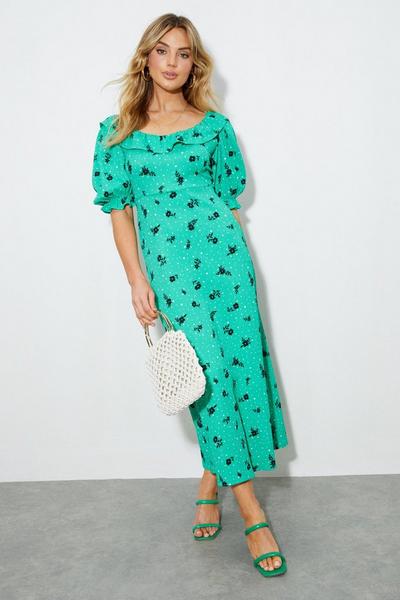 Dorothy Perkins green Green Floral Textured Ruffle Midi Dress