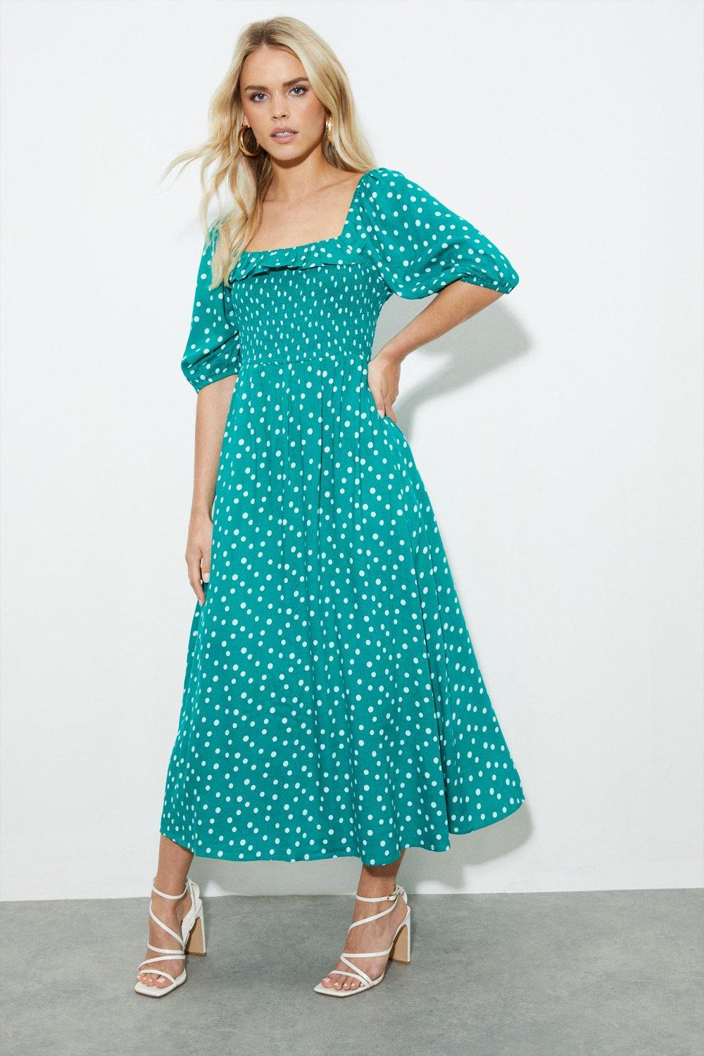 Womens Petite Green Spot Shirred Midi Dress