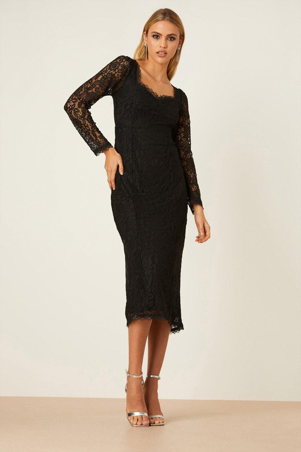 Dresses | Petite Black Lace Midi Dress | Dorothy Perkins