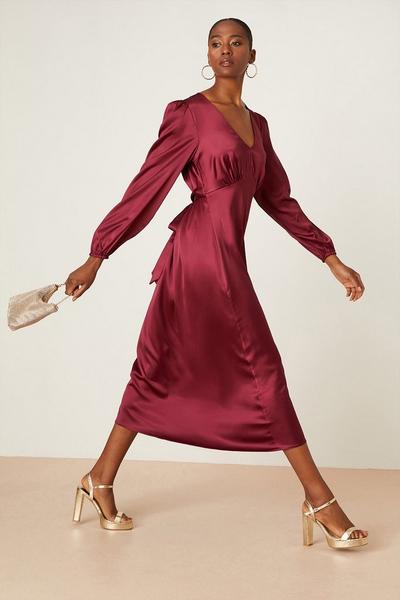 Dorothy Perkins burgundy Tall Satin Long Sleeve Midi Dress