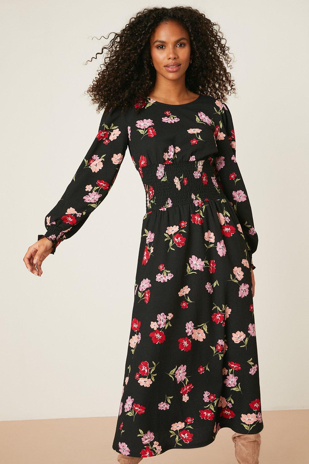 Dorothy Perkins Large Floral Long Sleeve Shirred Midi Dress | Debenhams