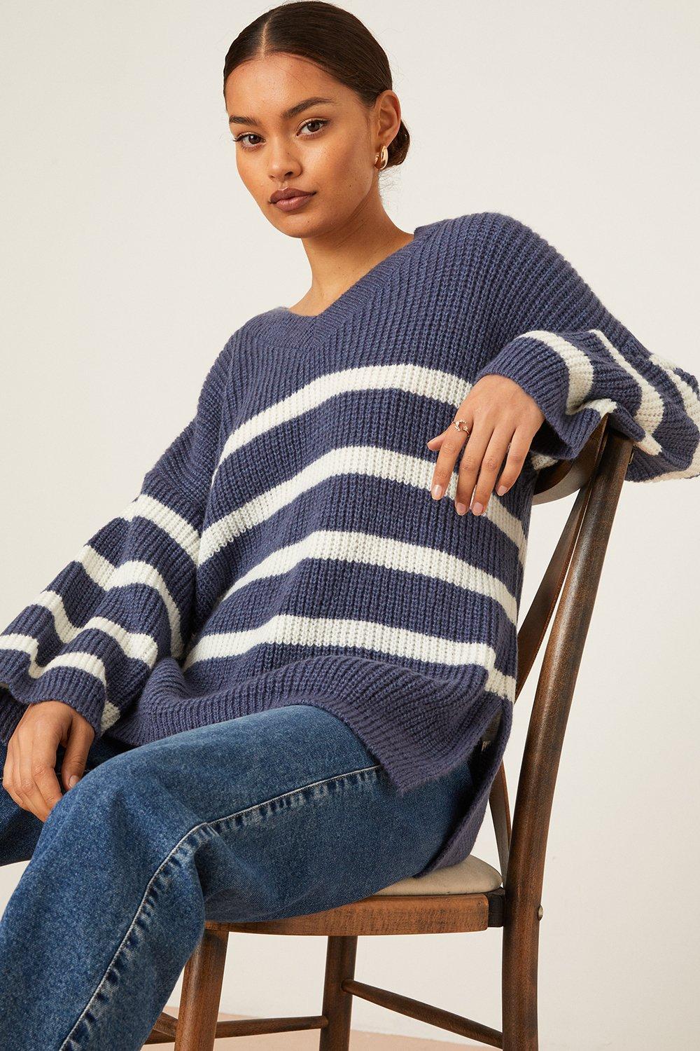 Jumpers & Cardigans | Petite V Neck Stripe Jumper | Dorothy Perkins