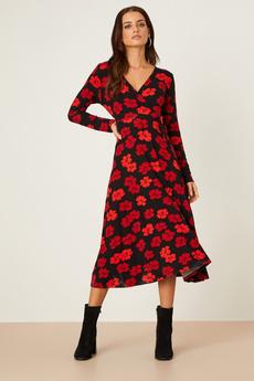 Dorothy Perkins black Petite Large Floral Long Sleeve Wrap Midi Dress