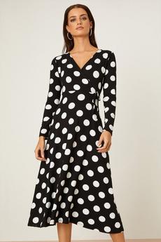 Dorothy Perkins black Petite Spot Long Sleeve Wrap Midi Dress