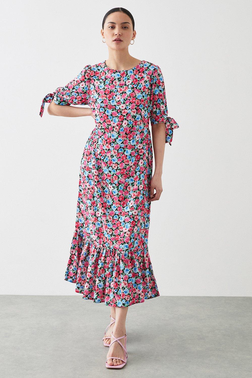 Womens Petite Multi Floral Print Tie Sleeve Midi Dress