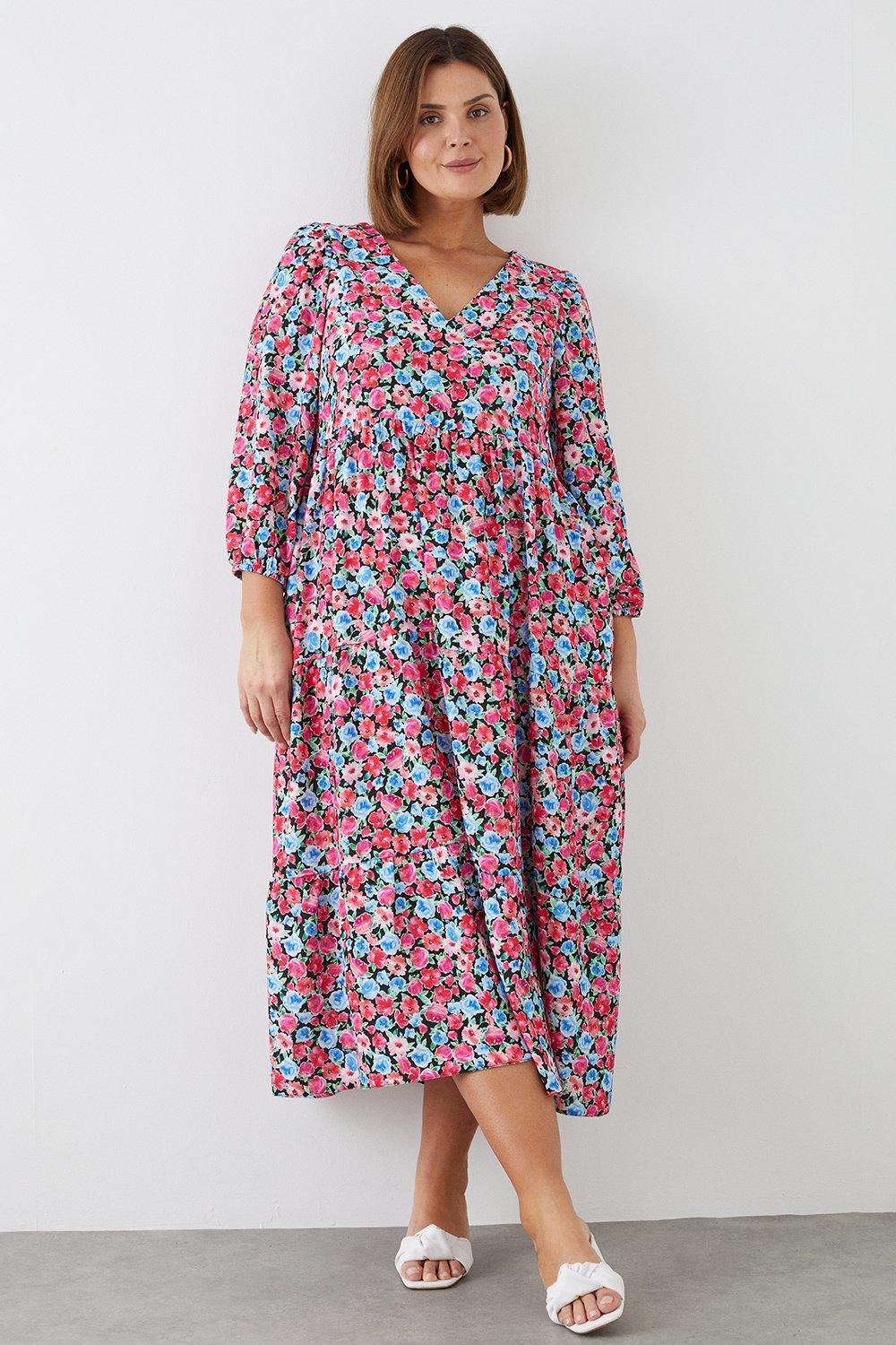 Womens Curve Pink Ditsy Floral Smock Midi Dress